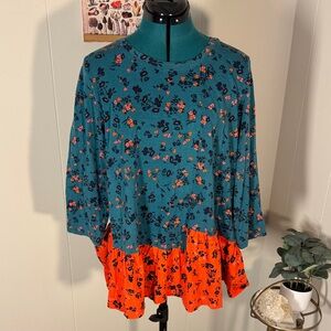 LOGO by Lori Goldstein Teal and Orange Floral Blouse